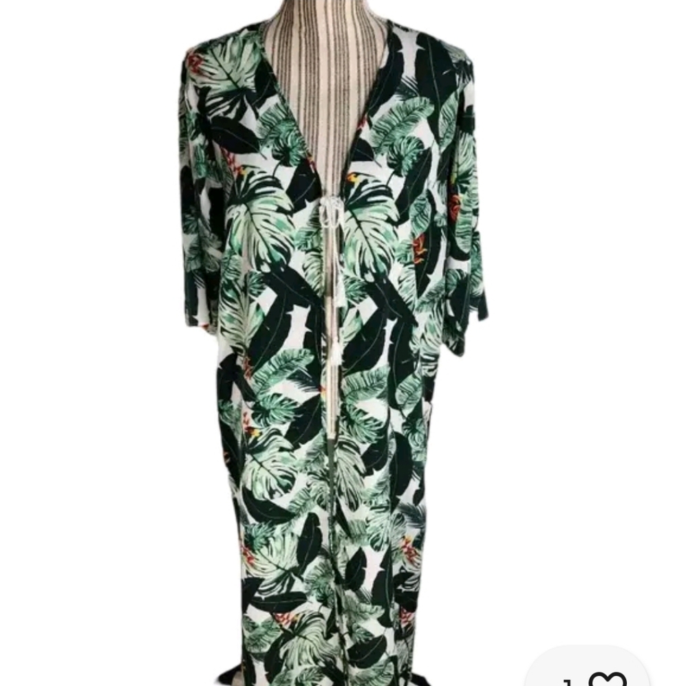 Rachel Zoe White Green Multi Tropical Print Beach Swim Cover Up Kimono Duster OS